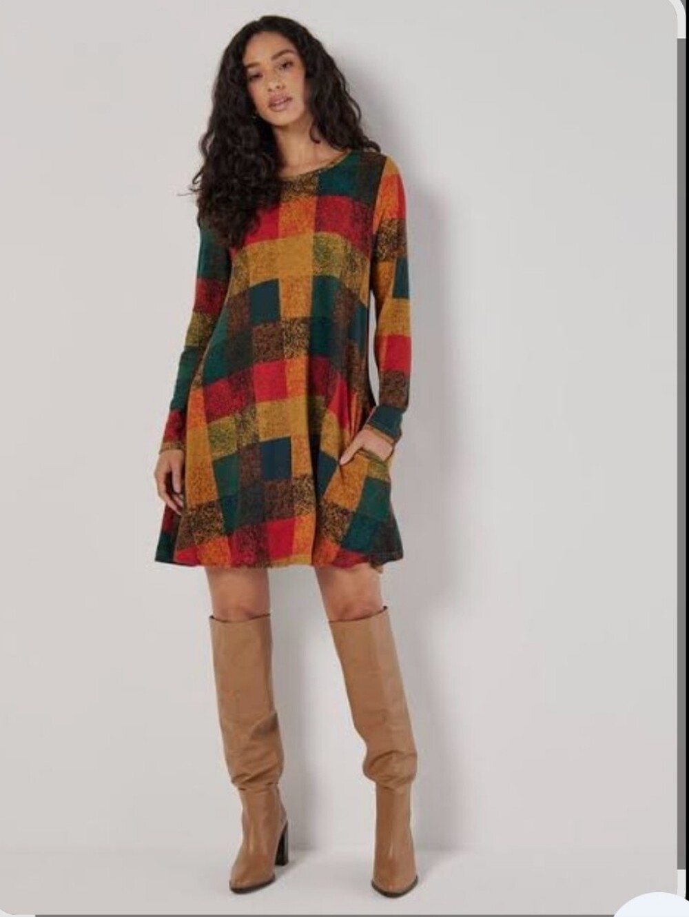 Flamingo Urban Geometric Block Patchwork Print Long-Sleeve Boho Swing Dress